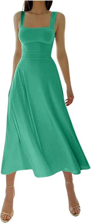 Women's 2025 Sun Dresses Women Summer Casual Flowy U Neck Maxi Dress Backless Drawstring Beach Long Dresses Midi Tank Dress
