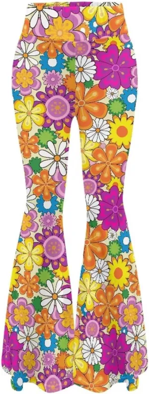 Women's 70S Yoga Pants Flare Ladies Hippie Flower Flared Leggings Athletic Leggings High Waisted Workout Pants