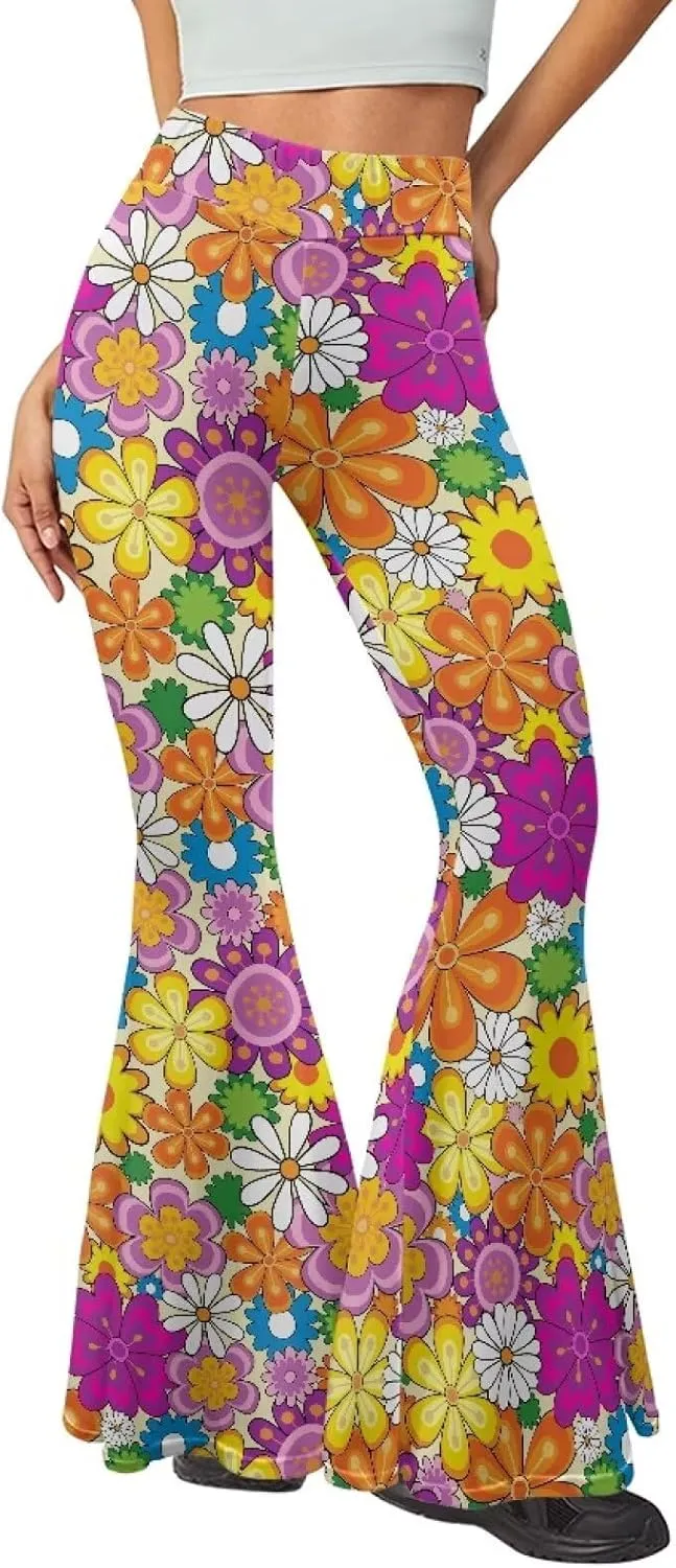 Women's 70S Yoga Pants Flare Ladies Hippie Flower Flared Leggings Athletic Leggings High Waisted Workout Pants