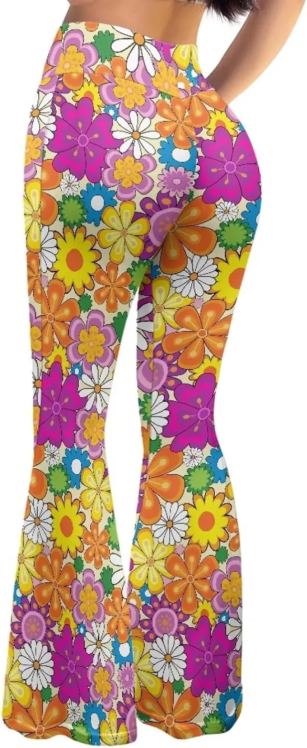 Women's 70S Yoga Pants Flare Ladies Hippie Flower Flared Leggings Athletic Leggings High Waisted Workout Pants