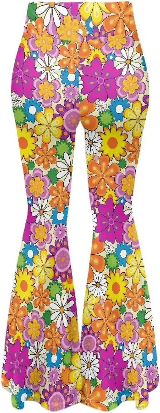 Women's 70S Yoga Pants Flare Ladies Hippie Flower Flared Leggings Athletic Leggings High Waisted Workout Pants