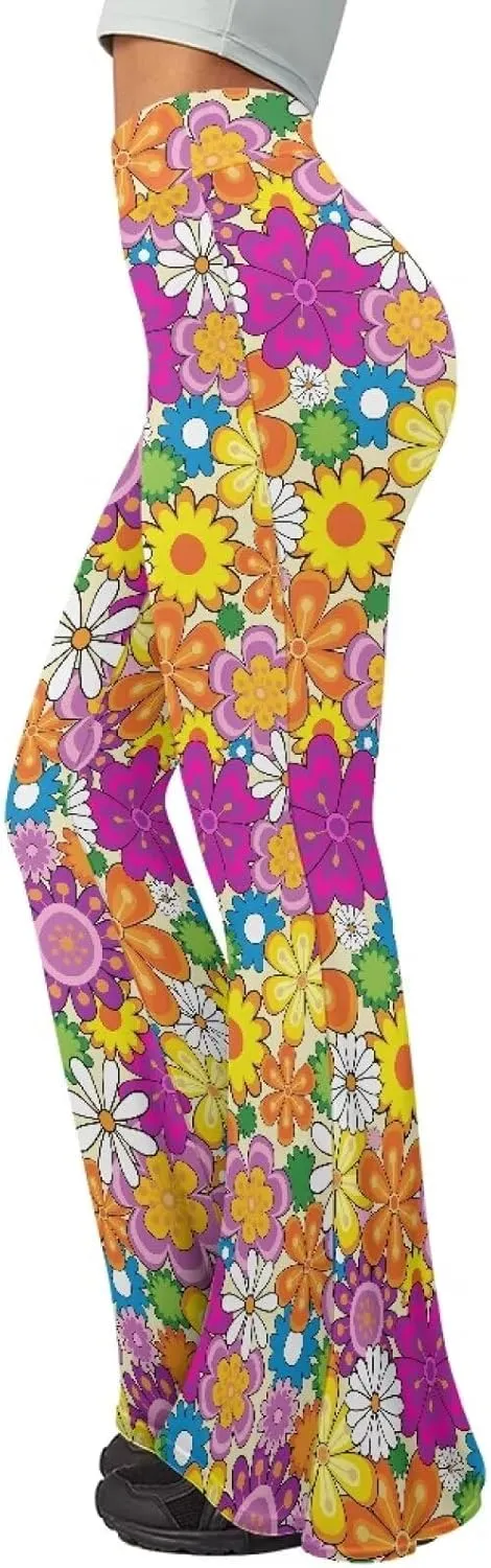 Women's 70S Yoga Pants Flare Ladies Hippie Flower Flared Leggings Athletic Leggings High Waisted Workout Pants