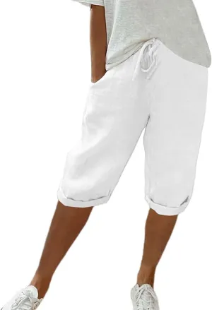 Women's Bermuda Knee Length Long Shorts for Summer Wide Leg Cotton Linen Shorts Comfy Shorts High Waisted Shorts
