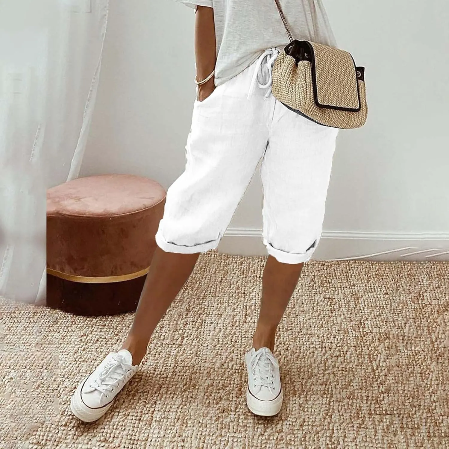 Women's Bermuda Knee Length Long Shorts for Summer Wide Leg Cotton Linen Shorts Comfy Shorts High Waisted Shorts