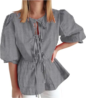 Womens Blouses Plaid Short Puff Sleeve Tops Cute Tie Front Peplum Shirts Summer Girls Fashion Casual Loose Clothes