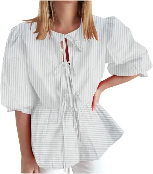 Womens Blouses Plaid Short Puff Sleeve Tops Cute Tie Front Peplum Shirts Summer Girls Fashion Casual Loose Clothes