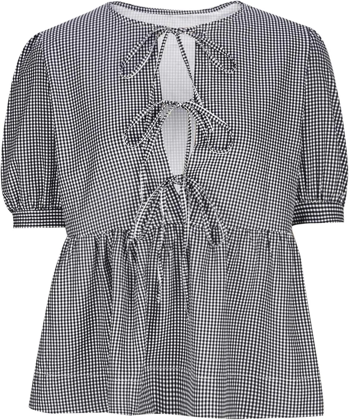 Womens Blouses Plaid Short Puff Sleeve Tops Cute Tie Front Peplum Shirts Summer Girls Fashion Casual Loose Clothes
