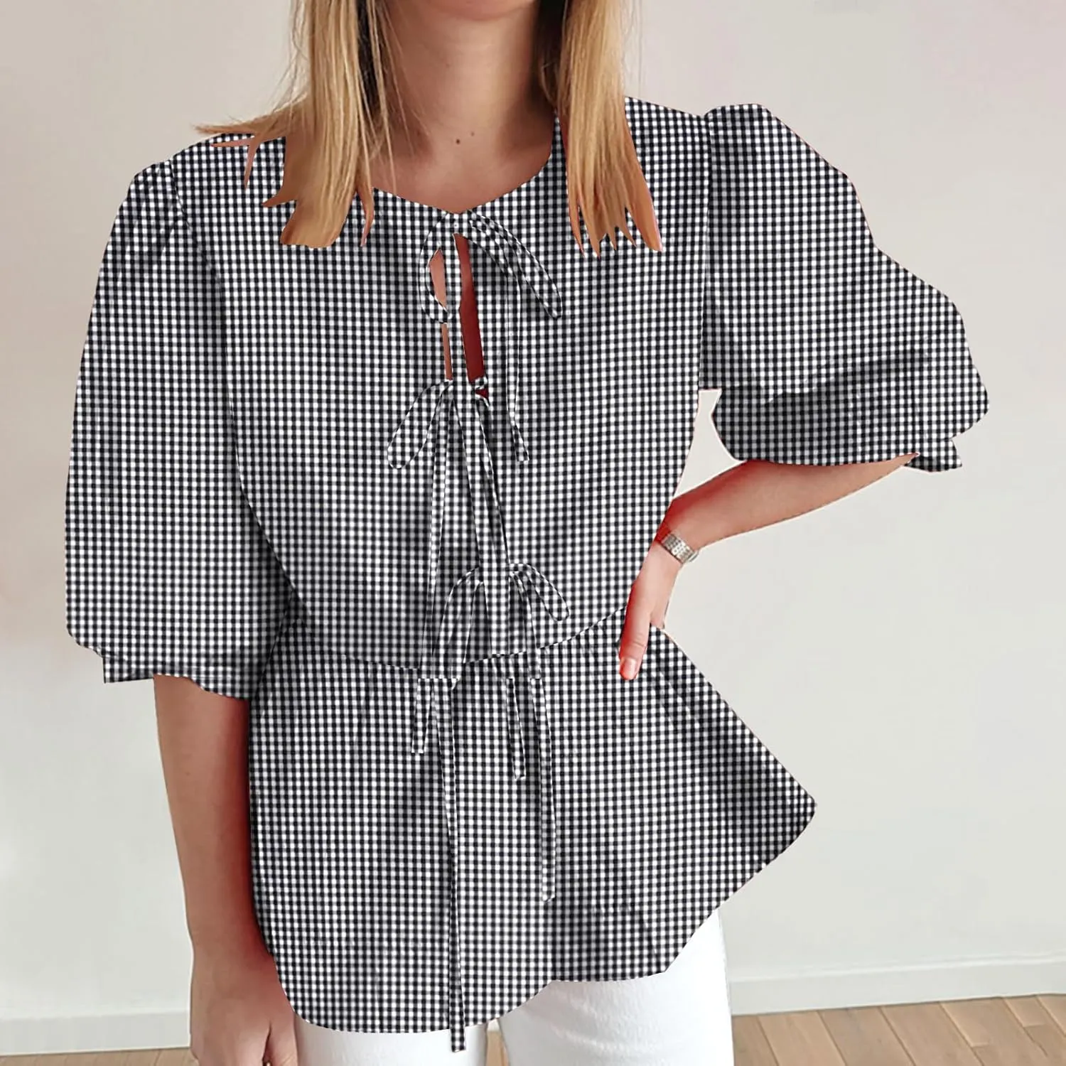 Womens Blouses Plaid Short Puff Sleeve Tops Cute Tie Front Peplum Shirts Summer Girls Fashion Casual Loose Clothes