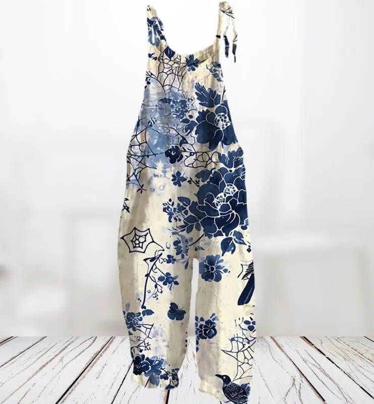 Womens Boho Floral Jumpsuits Cotton Linen Sleeveless Spaghetti Strap Baggy Romper Wide Leg Overalls with Pockets