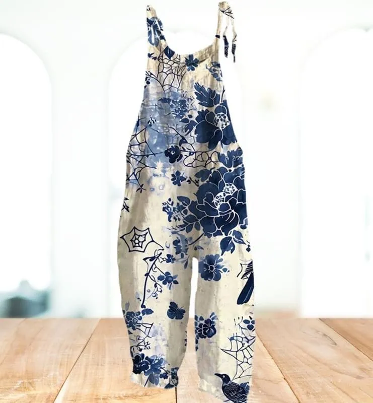 Womens Boho Floral Jumpsuits Cotton Linen Sleeveless Spaghetti Strap Baggy Romper Wide Leg Overalls with Pockets