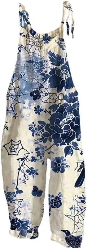 Womens Boho Floral Jumpsuits Cotton Linen Sleeveless Spaghetti Strap Baggy Romper Wide Leg Overalls with Pockets