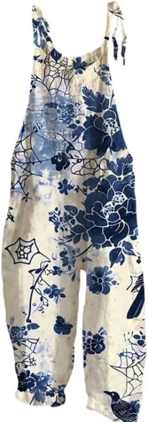 Womens Boho Floral Jumpsuits Cotton Linen Sleeveless Spaghetti Strap Baggy Romper Wide Leg Overalls with Pockets