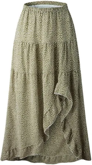 Women's Boho Floral Wrap Maxi Skirt Elastic Tiered Ruffle Polka Dot Pleated Midi Skirt High Waisted Long Swing Skirt (Medium,Green 1)