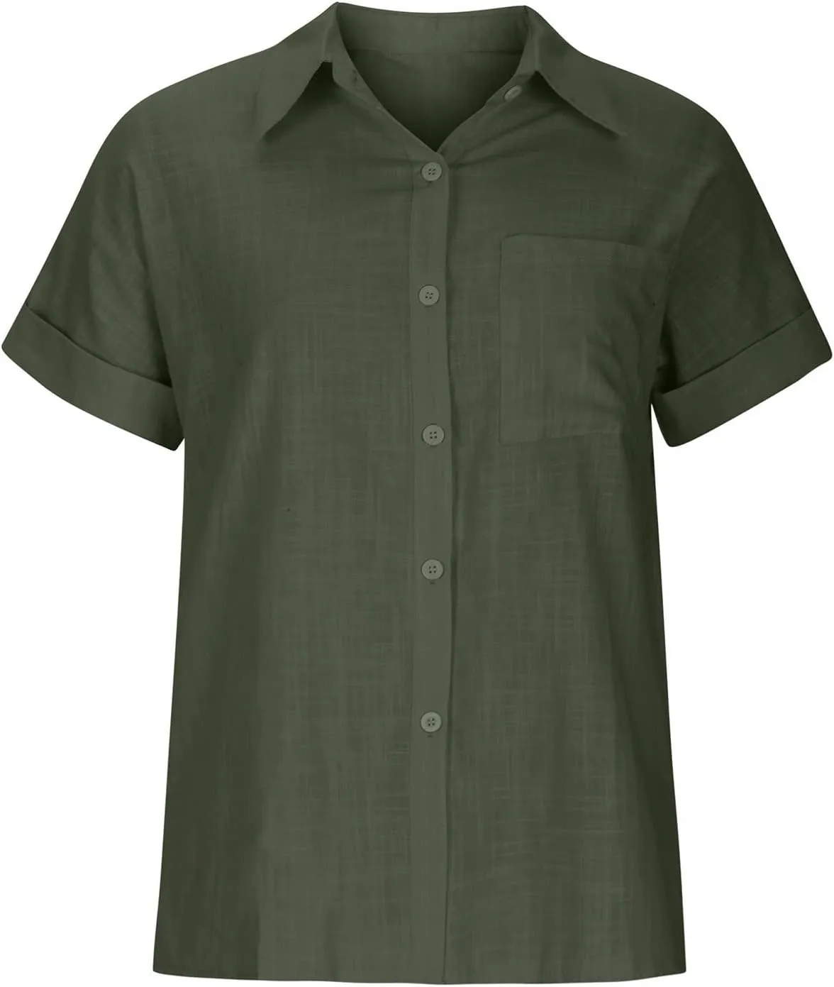 Womens Button Down Cotton Linen Shirts V Neck Roll Up Short Sleeve Blouses Loose Collared Shirt Summer Casual Tops