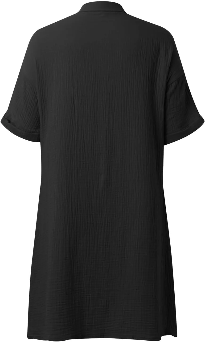 Womens Button Down Shirt Dress Summer Cotton Linen Dress Mini Dress Casual Short Sleeve Loose Tunic Dresses with Pockets