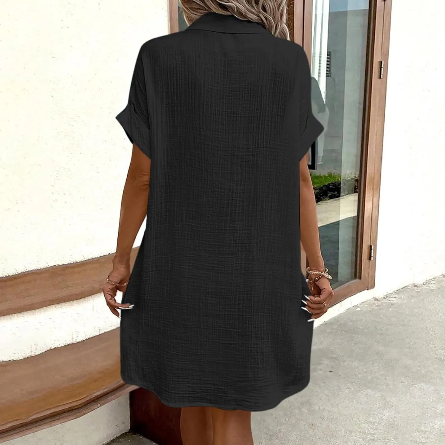 Womens Button Down Shirt Dress Summer Cotton Linen Dress Mini Dress Casual Short Sleeve Loose Tunic Dresses with Pockets