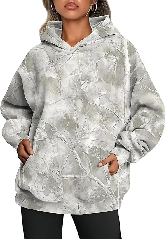 Women's Camo Hoodie Maple Leaf Print Oversized Hooded Sweatshirt Fleece Casual Long Sleeve Pullover Sweatshirts with Pockets