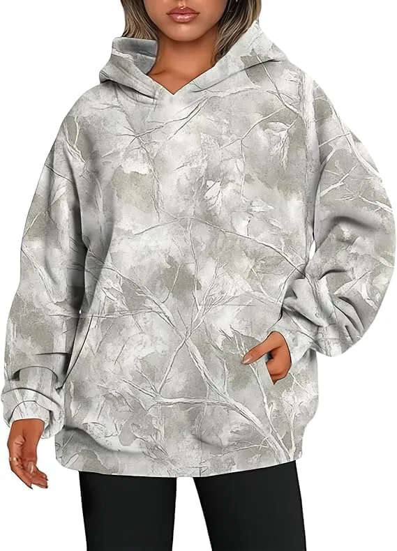 Women's Camo Hoodie Maple Leaf Print Oversized Hooded Sweatshirt Fleece Casual Long Sleeve Pullover Sweatshirts with Pockets
