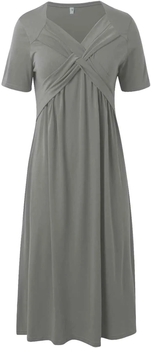 Womens Casual Dress for Summer Short Sleeve Pleated Dress Loose Flowy Beach Dress with Pockets Flare Midi Sundress