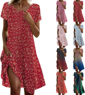 Women's Casual Dress Short Sleeve Sundresses Vacation Summer Dresses 2025 Beach Boho Floral A-Line Tshirt Dress with Pockets