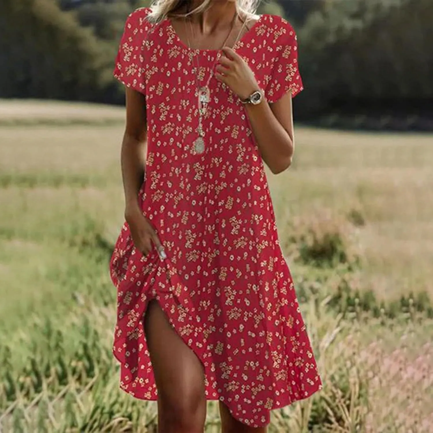 Women's Casual Dress Short Sleeve Sundresses Vacation Summer Dresses 2025 Beach Boho Floral A-Line Tshirt Dress with Pockets