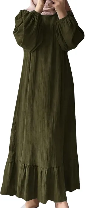 Women's Casual Fashion Long Sleeve Spring Ruffled Dress Retro Solid Color Vintage Long Flowy Dresses with Pocket