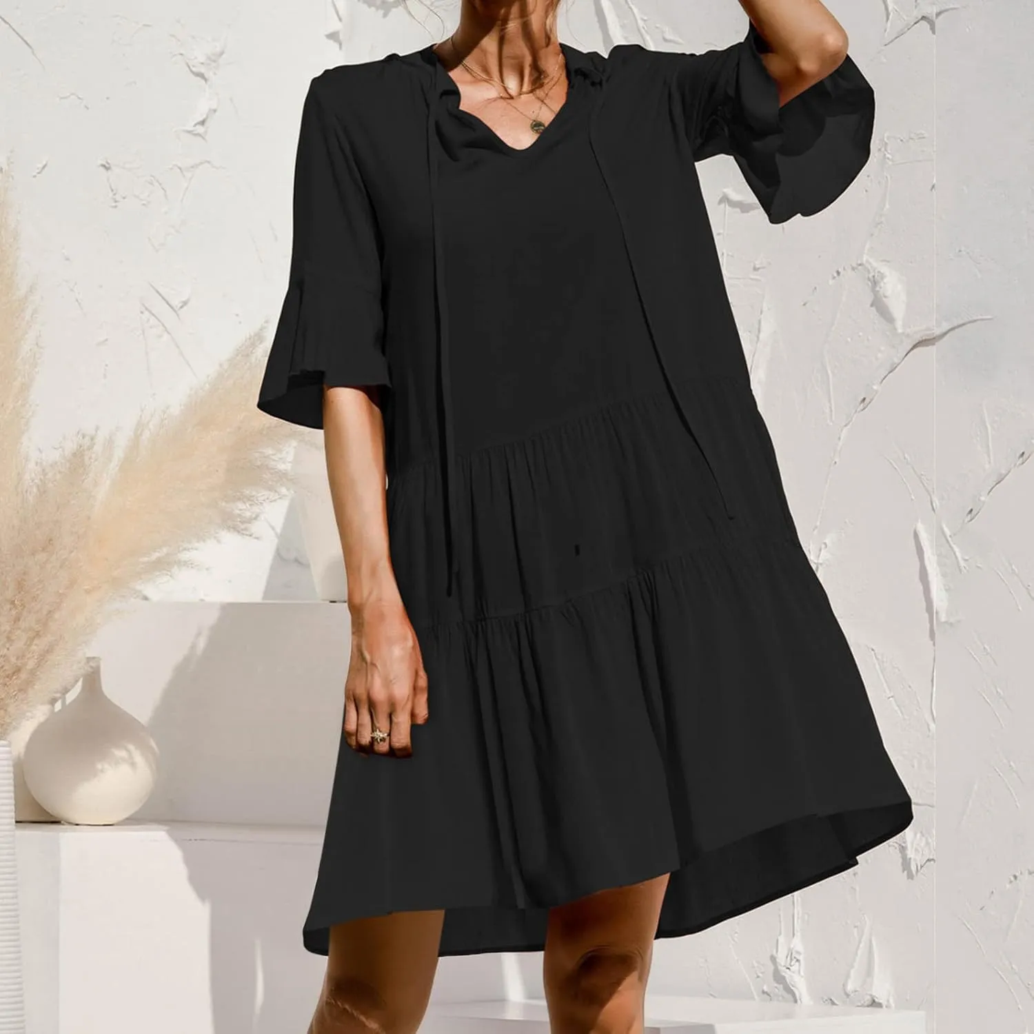 Women's Casual Puff Sleeve Mini Dress Solid Color V-Neck Ruffle Dress with Pleated Details Cute and Elegant