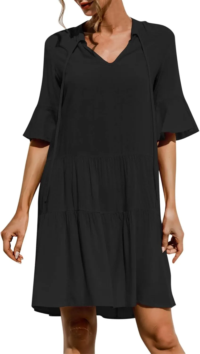 Women's Casual Puff Sleeve Mini Dress Solid Color V-Neck Ruffle Dress with Pleated Details Cute and Elegant