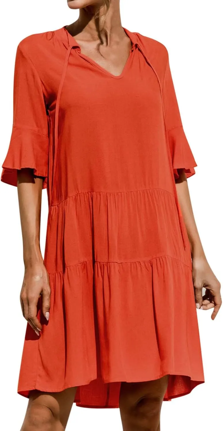 Women's Casual Puff Sleeve Mini Dress Solid Color V-Neck Ruffle Dress with Pleated Details Cute and Elegant