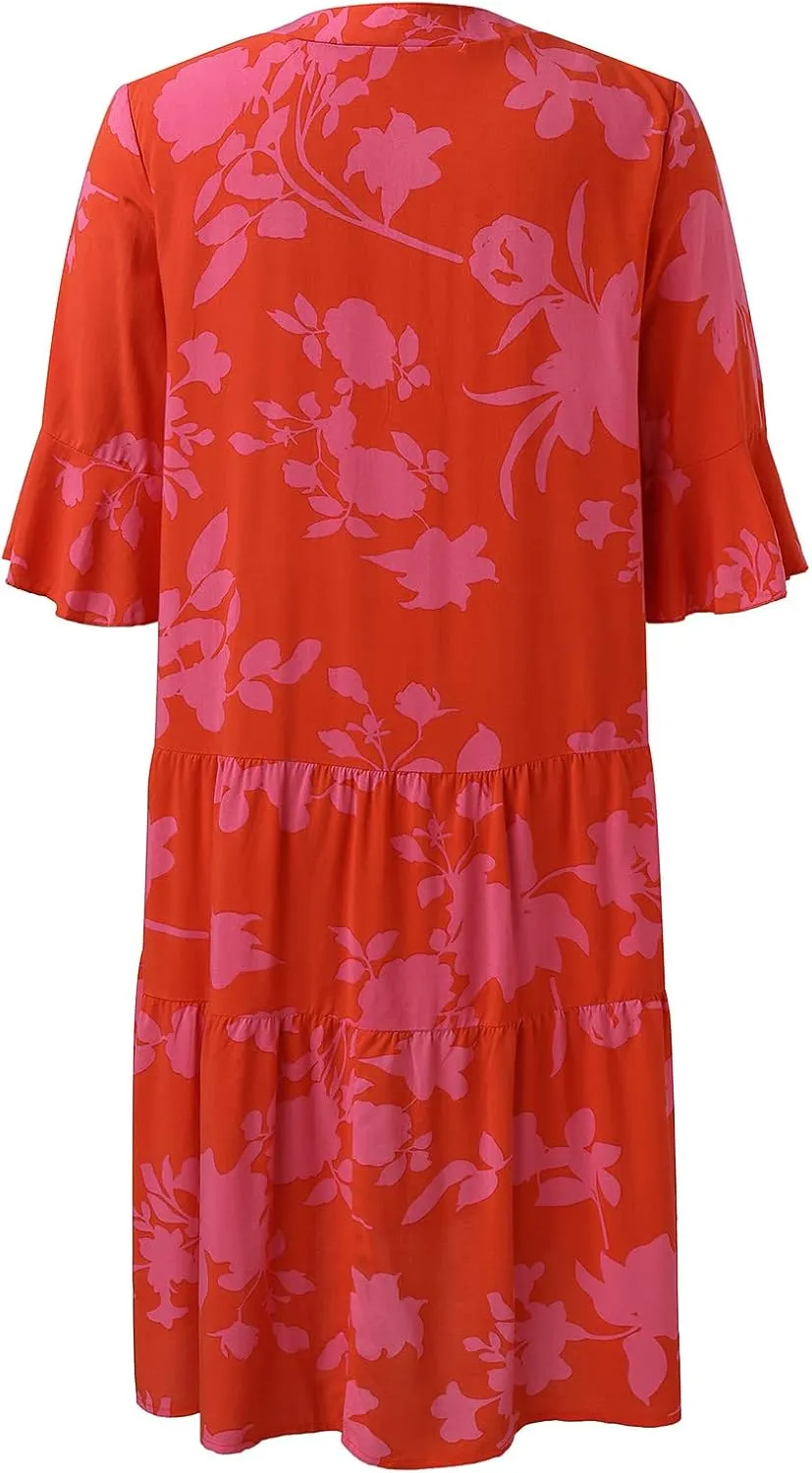Women's Casual Puff Sleeve Mini Dress Solid Color V-Neck Ruffle Dress with Pleated Details Cute and Elegant