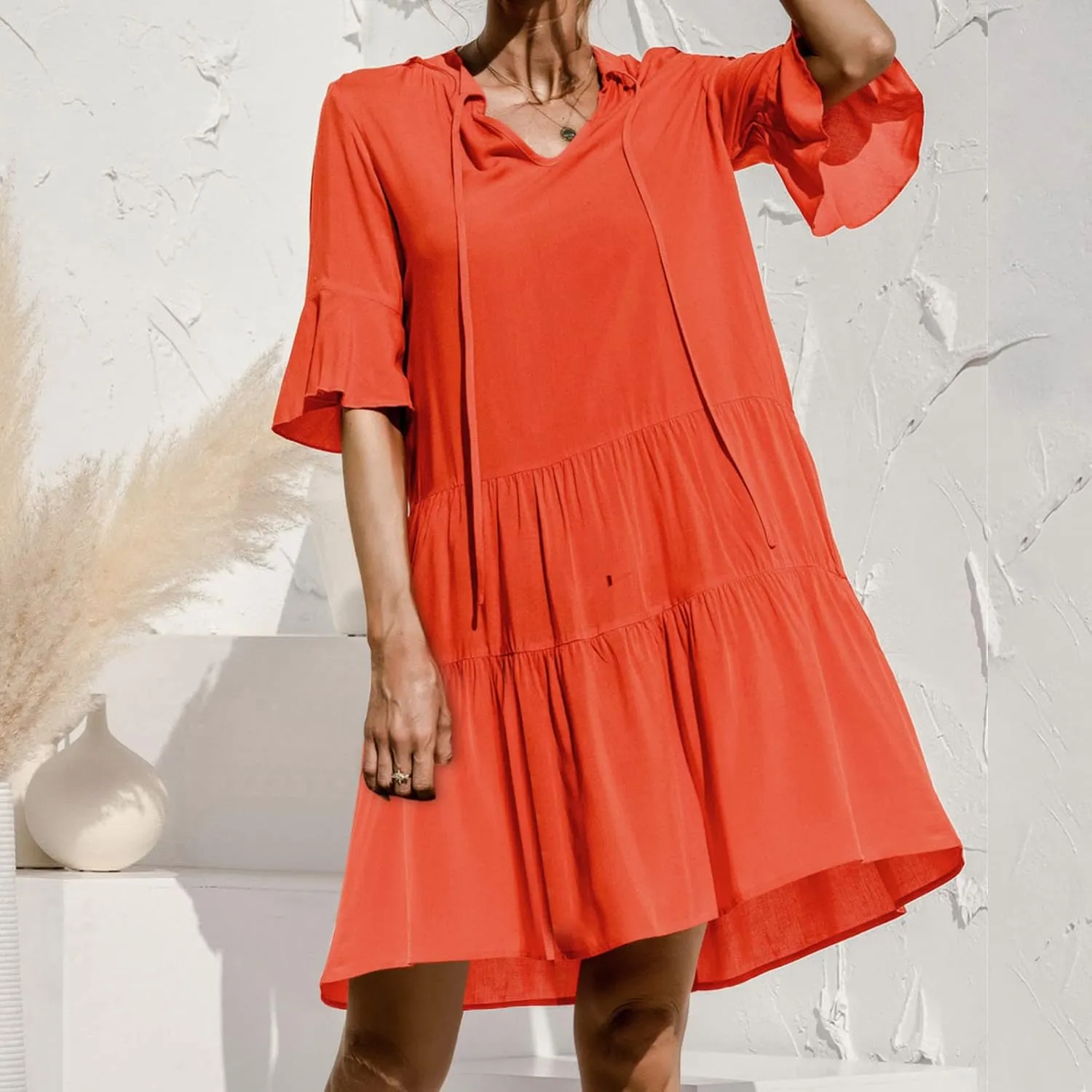 Women's Casual Puff Sleeve Mini Dress Solid Color V-Neck Ruffle Dress with Pleated Details Cute and Elegant
