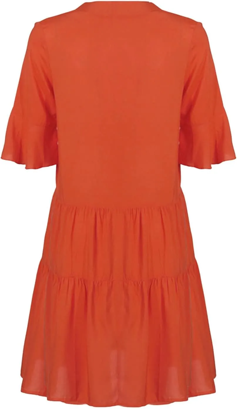 Women's Casual Puff Sleeve Mini Dress Solid Color V-Neck Ruffle Dress with Pleated Details Cute and Elegant