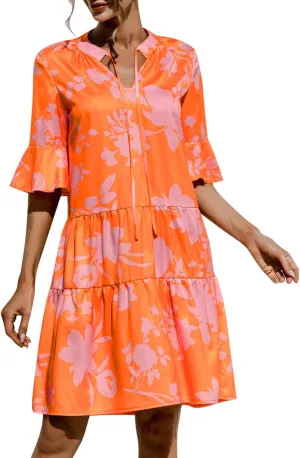 Women's Casual Puff Sleeve Mini Dress Solid Color V-Neck Ruffle Dress with Pleated Details Cute and Elegant