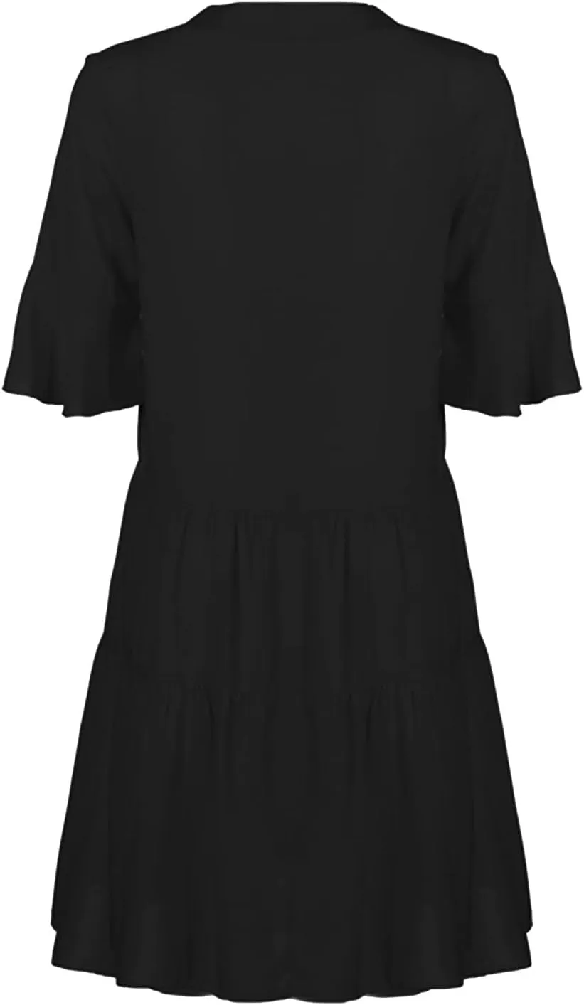 Women's Casual Puff Sleeve Mini Dress Solid Color V-Neck Ruffle Dress with Pleated Details Cute and Elegant
