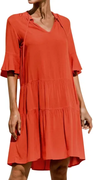 Women's Casual Puff Sleeve Mini Dress Solid Color V-Neck Ruffle Dress with Pleated Details Cute and Elegant