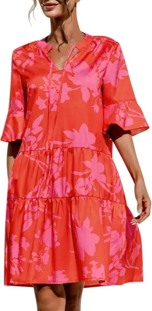 Women's Casual Puff Sleeve Mini Dress Solid Color V-Neck Ruffle Dress with Pleated Details Cute and Elegant