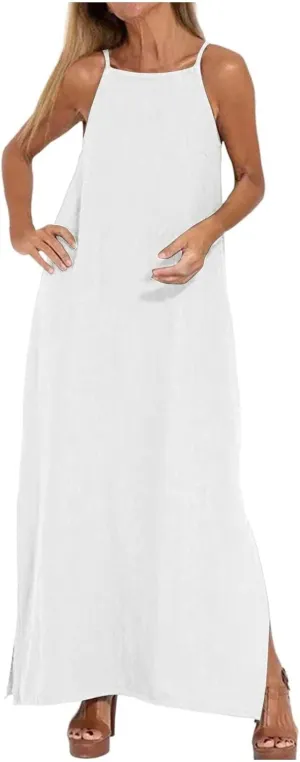 Womens Casual Strappy Sleeveless Beach Dresses High Neck Flowy Loose Long Maxi Dress Split Summer Cami Sundress
