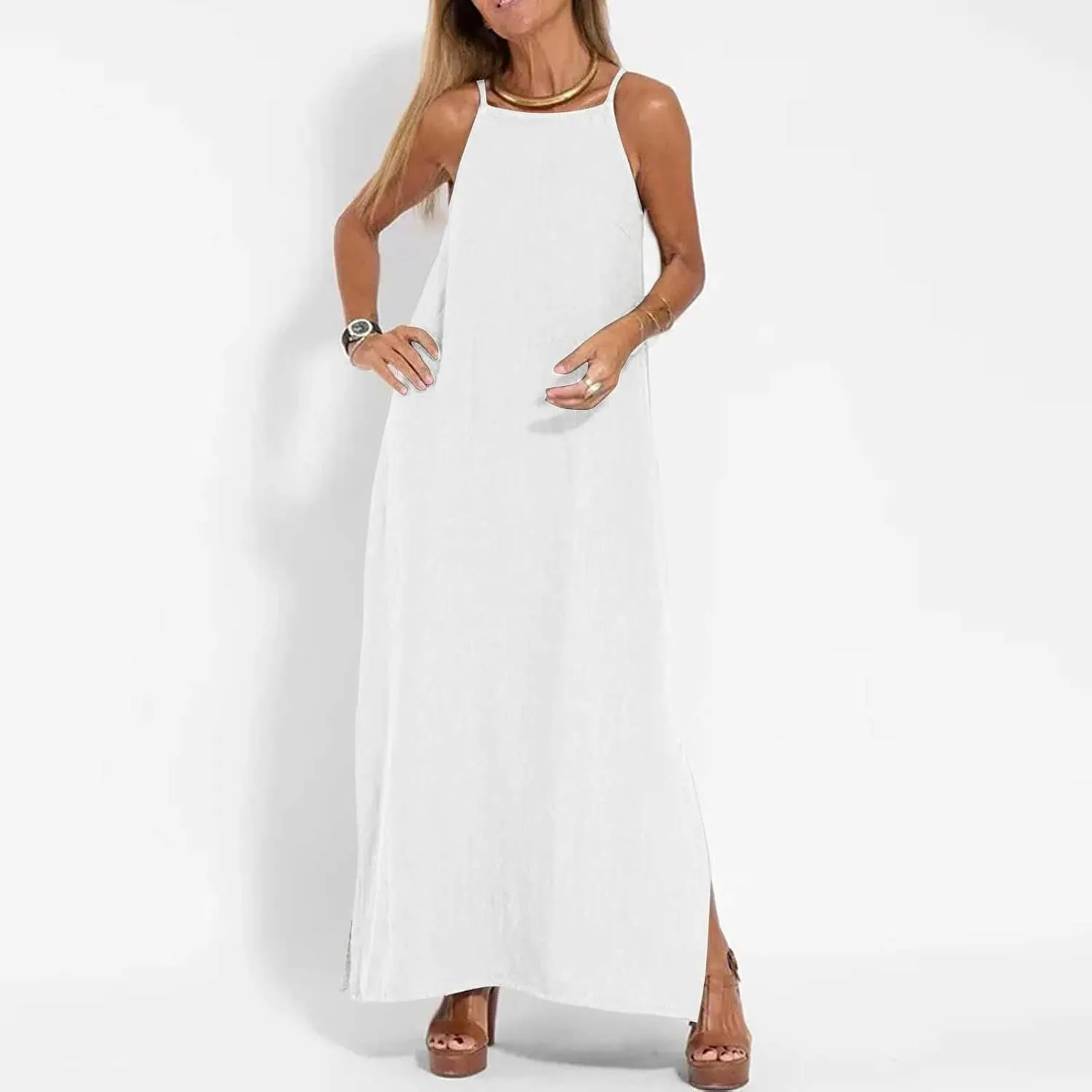 Womens Casual Strappy Sleeveless Beach Dresses High Neck Flowy Loose Long Maxi Dress Split Summer Cami Sundress