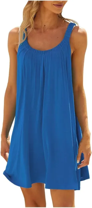 Womens Causal Summer Dress Beach Dress Sleeveless Waist Tie Front Bikini A- Line Mini Short Sun Dresses Beachwear