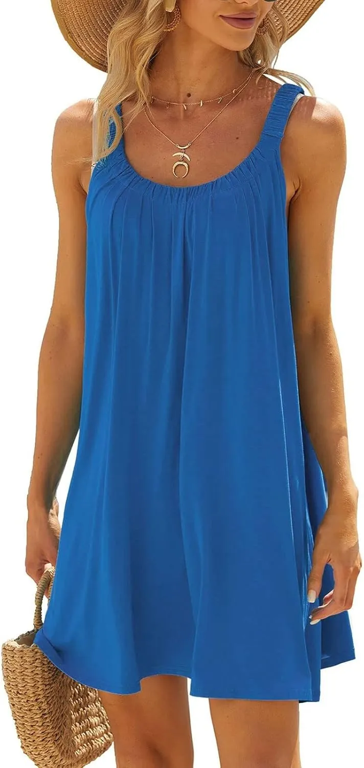 Womens Causal Summer Dress Beach Dress Sleeveless Waist Tie Front Bikini A- Line Mini Short Sun Dresses Beachwear