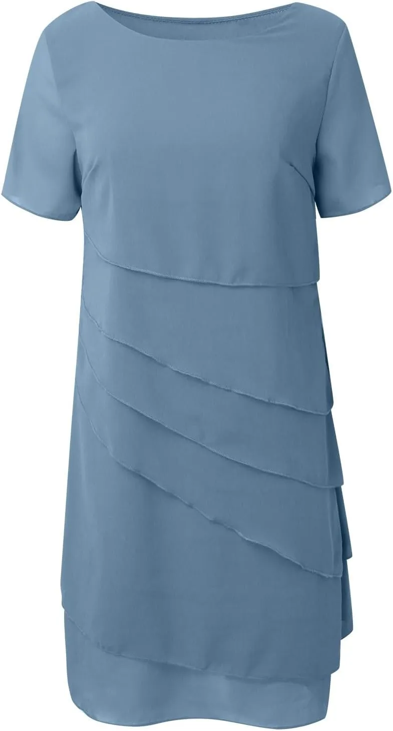 Women's Chiffon Dresses Short Sleeve Crewneck Tiered Layered Flowy Dress Party Wedding Outfits Semi Formal Office Dresses
