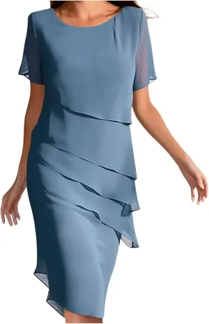 Women's Chiffon Dresses Short Sleeve Crewneck Tiered Layered Flowy Dress Party Wedding Outfits Semi Formal Office Dresses