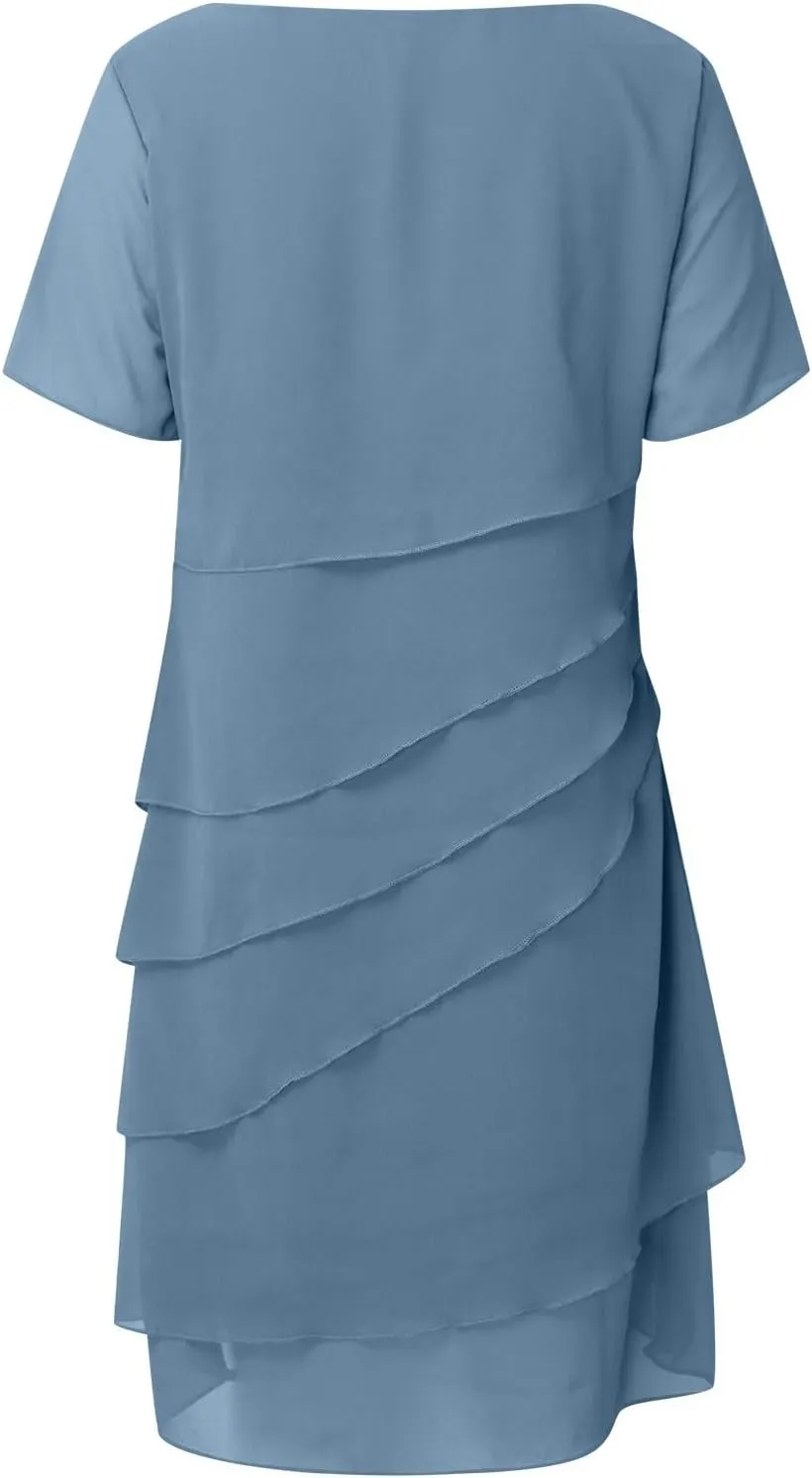Women's Chiffon Dresses Short Sleeve Crewneck Tiered Layered Flowy Dress Party Wedding Outfits Semi Formal Office Dresses