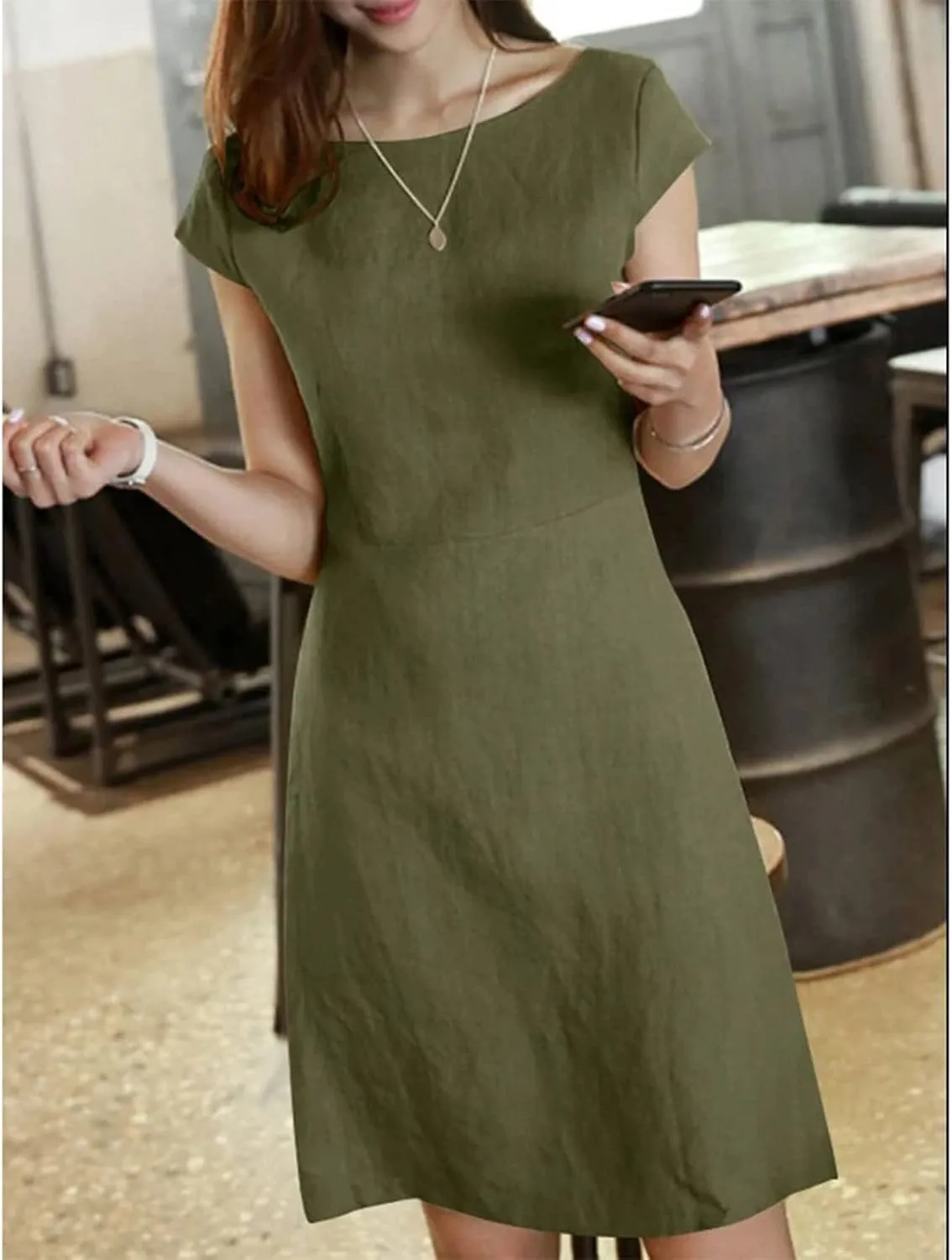 Womens Cotton and Linen Sundresses Casual Summer Beach Dress Vacation 2024 Crew Neck Short Sleeve T Shirt Dress