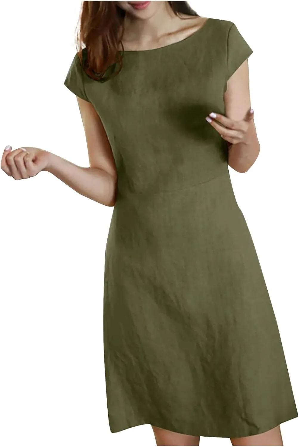 Womens Cotton and Linen Sundresses Casual Summer Beach Dress Vacation 2024 Crew Neck Short Sleeve T Shirt Dress