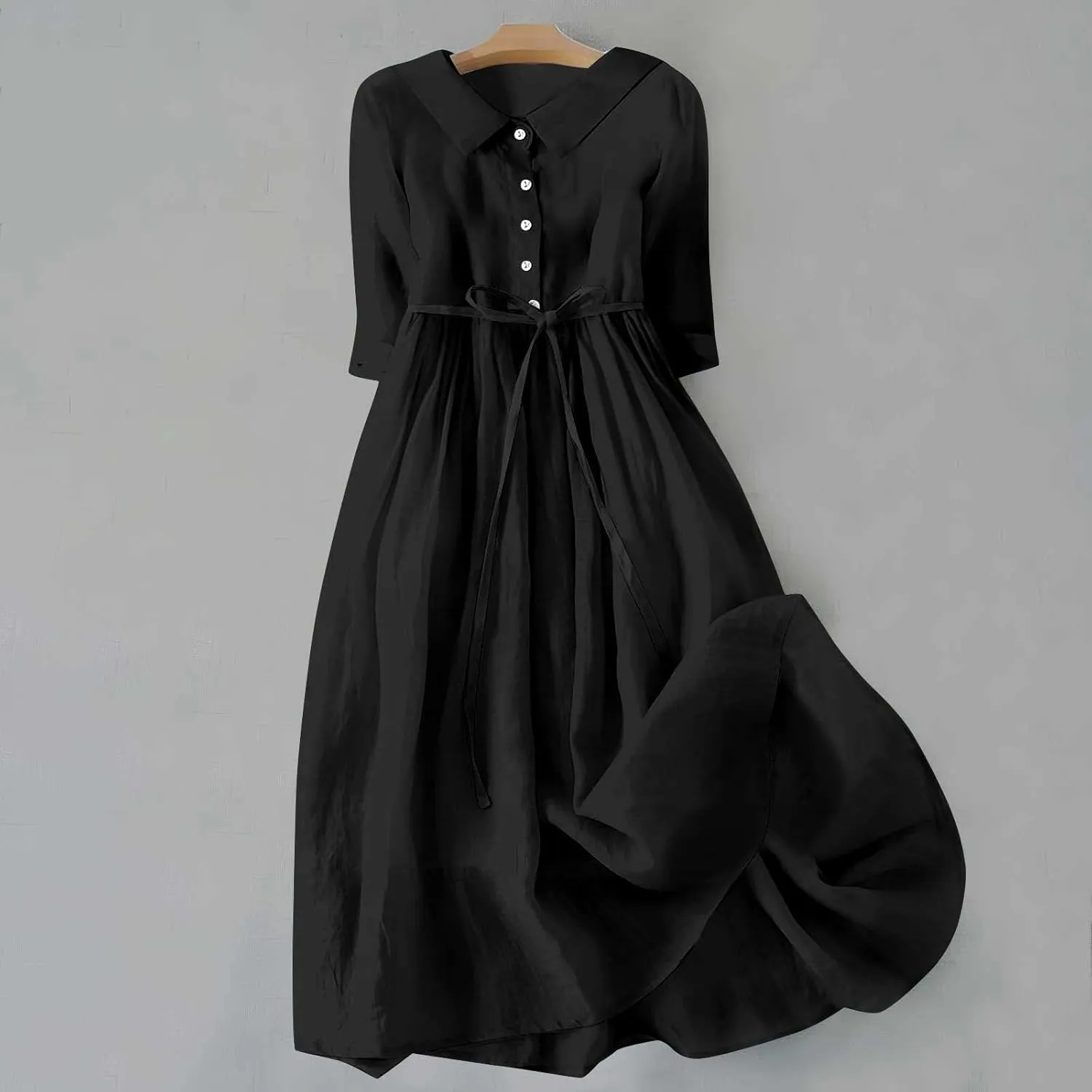 Women's Cotton Linen Button Down Shirt Dress Fashion Drawstring 3/4 Sleeve Pleated Dresses Casual Seaside Outfit 2025