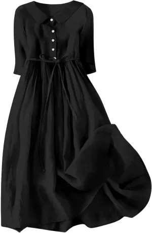 Women's Cotton Linen Button Down Shirt Dress Fashion Drawstring 3/4 Sleeve Pleated Dresses Casual Seaside Outfit 2025