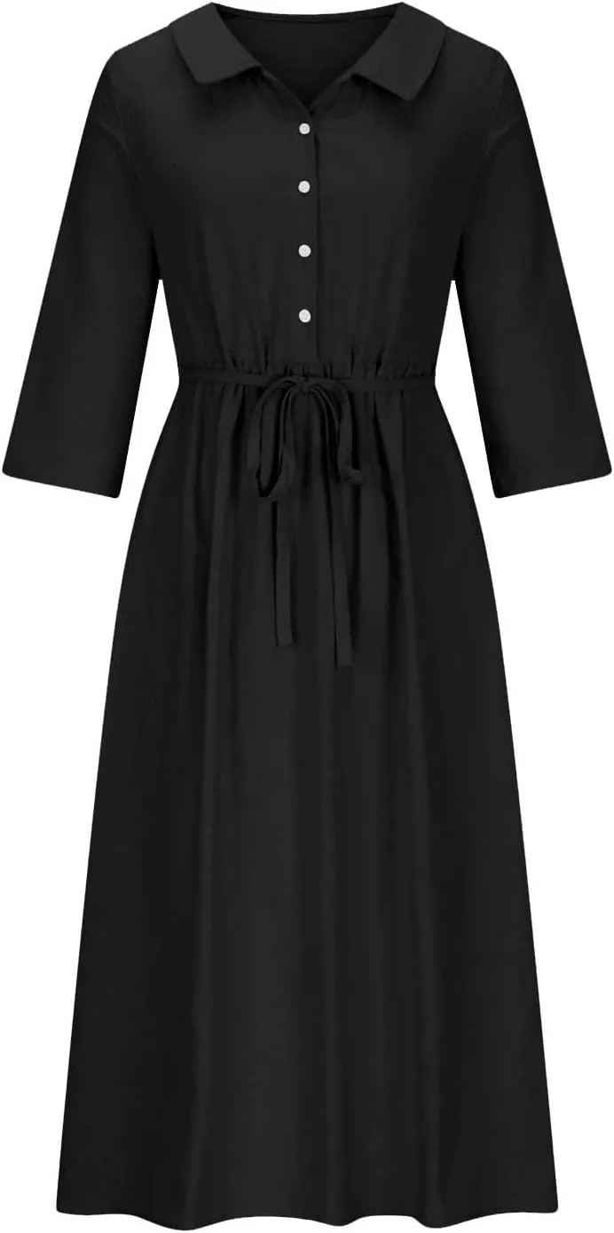 Women's Cotton Linen Button Down Shirt Dress Fashion Drawstring 3/4 Sleeve Pleated Dresses Casual Seaside Outfit 2025