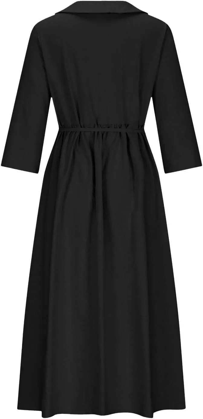 Women's Cotton Linen Button Down Shirt Dress Fashion Drawstring 3/4 Sleeve Pleated Dresses Casual Seaside Outfit 2025