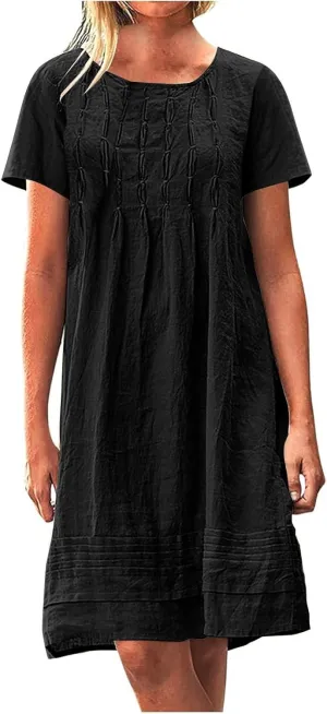 Womens Cotton Linen Midi Dress Summer Solid Color Short Sleeve Crew Neck T-Shirt Plus Size Flowy Beach Dress